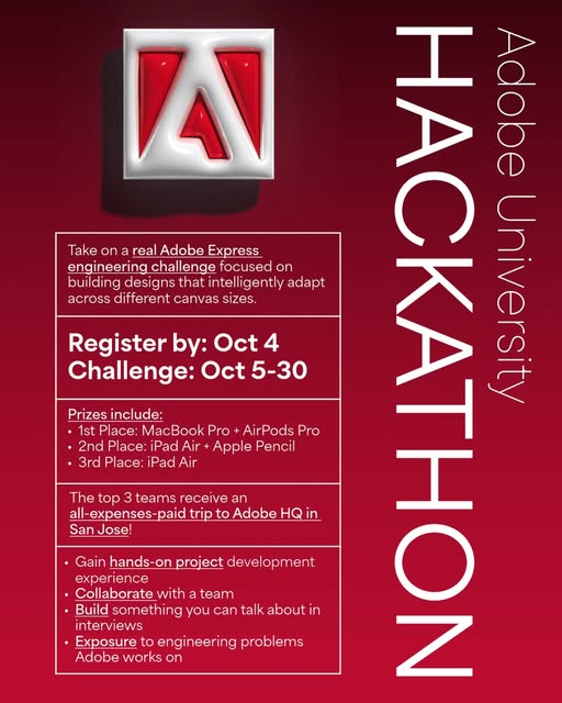 Adobe University Hackathon Opportunity event flyer from @colorstackosu