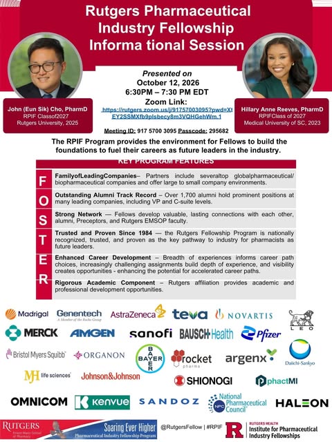 Rutgers University Pharmaceutical Industry Fellowship Program Information Session event flyer from @ipho_osu