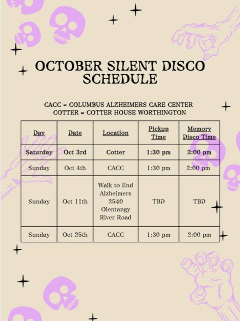 October Silent Disco Schedule - Walk to End Alzheimer’s (Oct 11) event flyer from @musicalmemories_osu