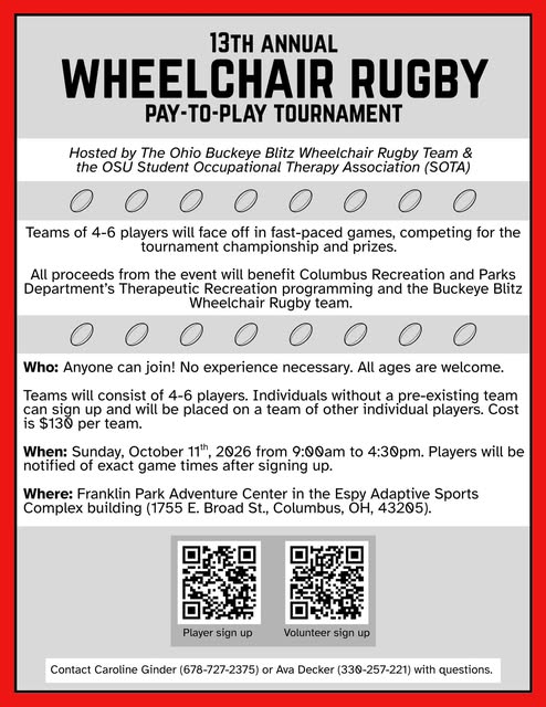 13th Annual Wheelchair Rugby Pay-to-Play Tournament event flyer from @ohiostatesota