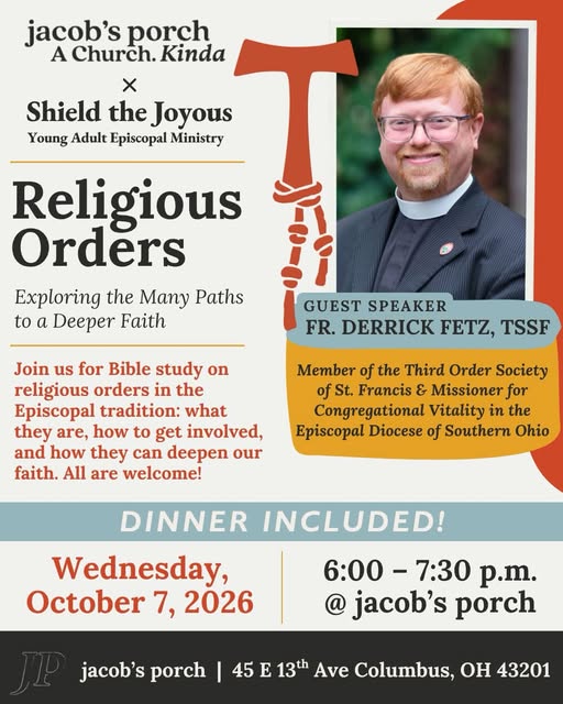 Religious Orders Bible Study and Conversation event flyer from @shield_the_joyous